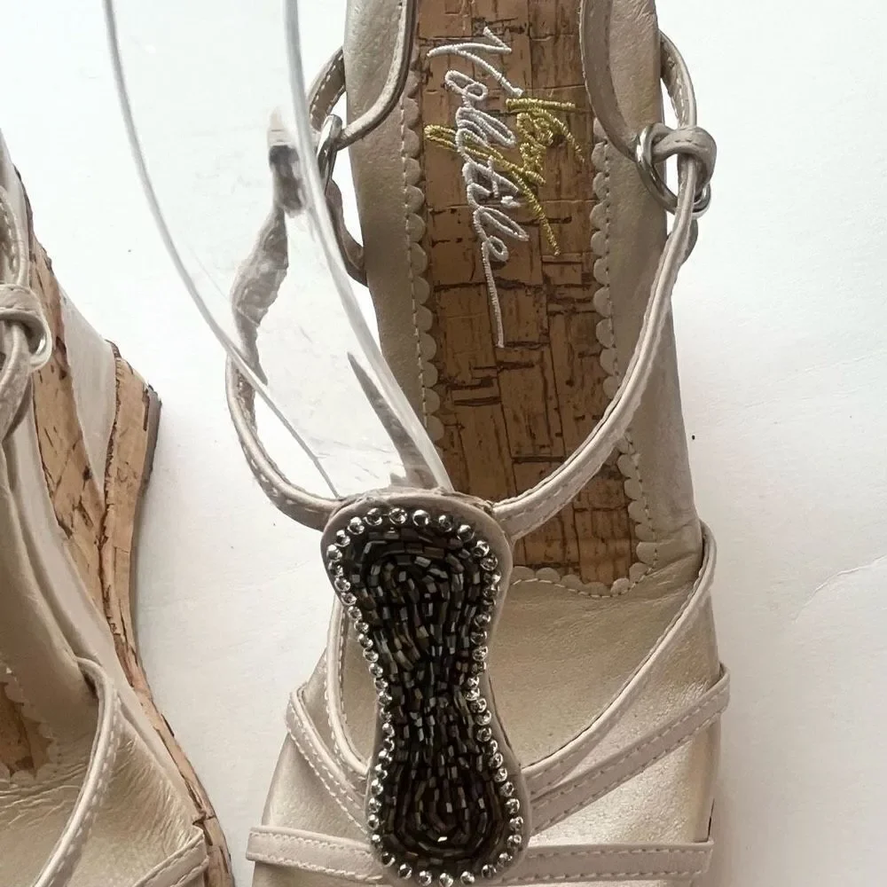 Very Volatile Women’s Beaded Ankle Strap Wedge Heels Cream Tan Size 6